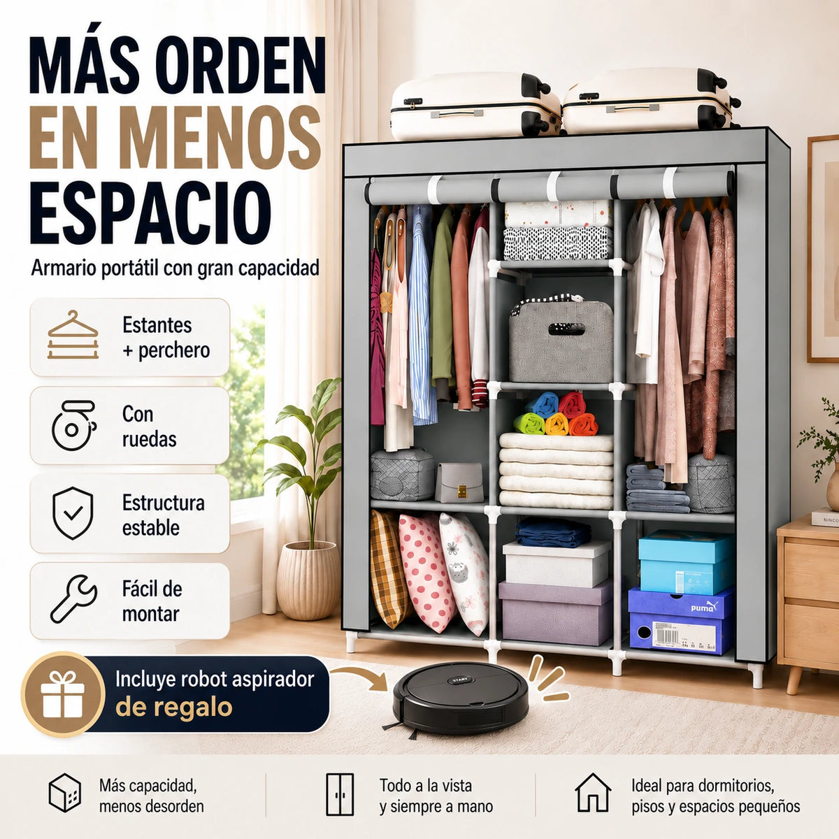 SmartCloset Plegable Multifuncional + Robot Aspirador RoboSpark | Organización y Limpieza