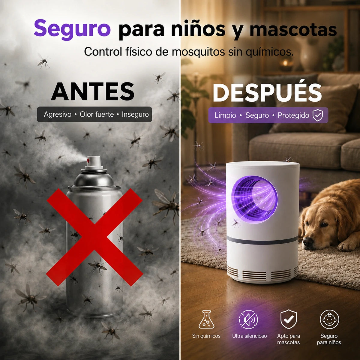 Trampa UV Silenciosa para Mosquitos, Segura para Niños y Mascotas - Mosquito Guard