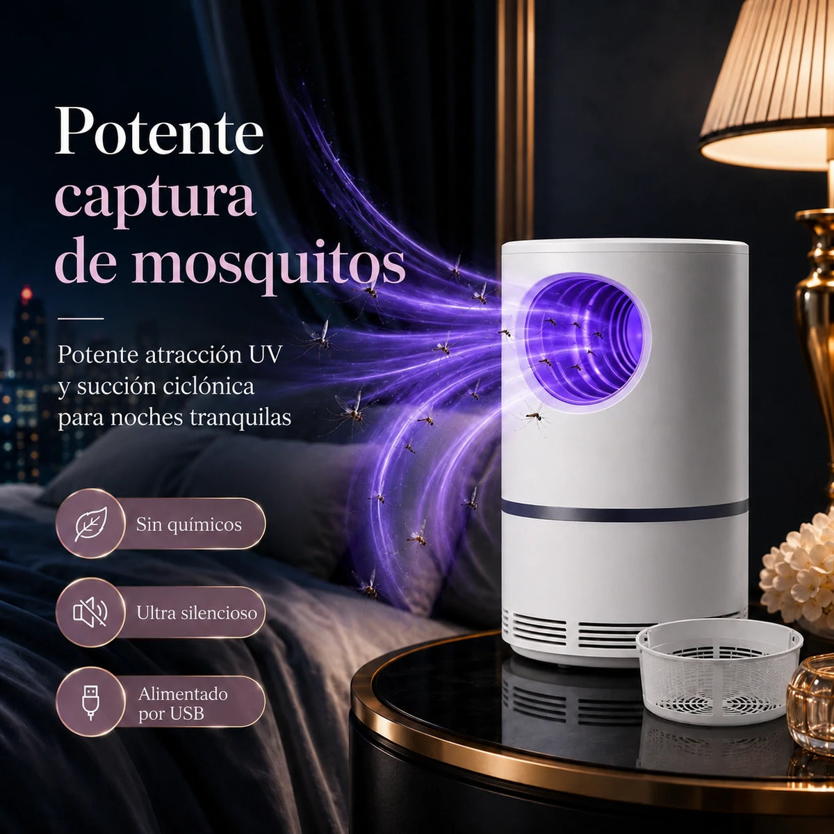Trampa UV Silenciosa para Mosquitos, Segura para Niños y Mascotas - Mosquito Guard